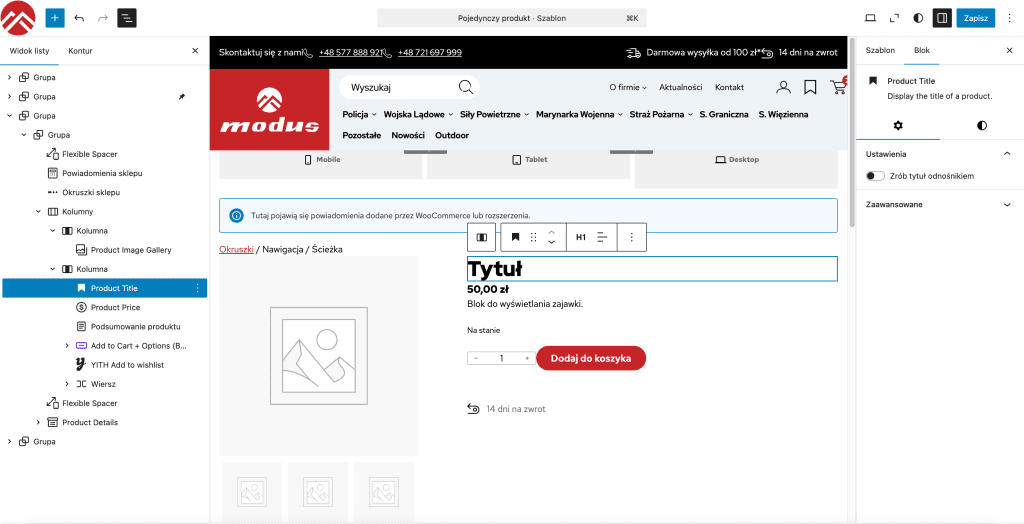 Widok edytora blokowego WordPress FSE podczas edycji szablonu produktu w sklepie WooCommerce.