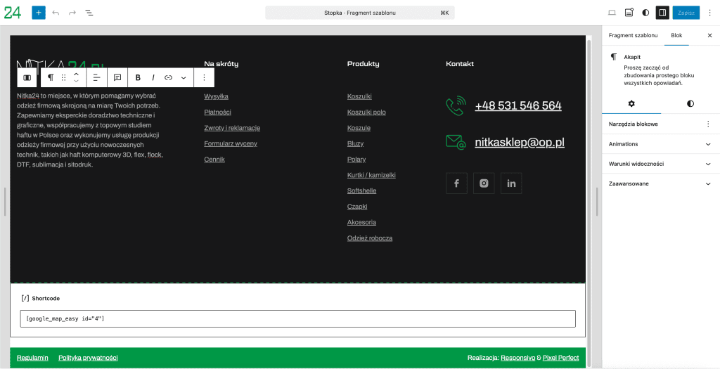 Widok edytora WordPress FSE podczas samodzielnej zmiany treści w stopce strony bez użycia kodu.
