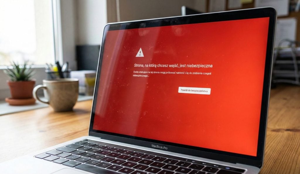 Czerwony ekran ostrzegawczy Google Chrome w języku polskim informujący o niebezpiecznej stronie.