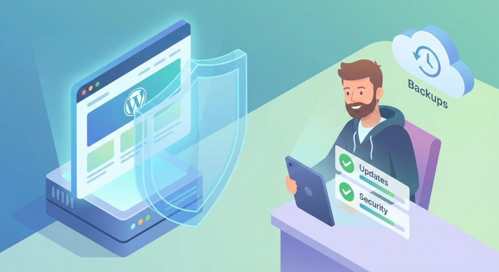 Ilustracja przedstawiająca kompleksową opiekę techniczną nad stroną WordPress w abonamencie: monitorowanie bezpieczeństwa, wykonywanie aktualizacji i kopii zapasowych przez developera.