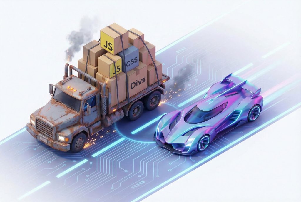 Ilustracja porównująca ociężałą, przeładowaną ciężarówkę symbolizującą page buildery z nowoczesnym, szybkim samochodem sportowym symbolizującym WordPress FSE.