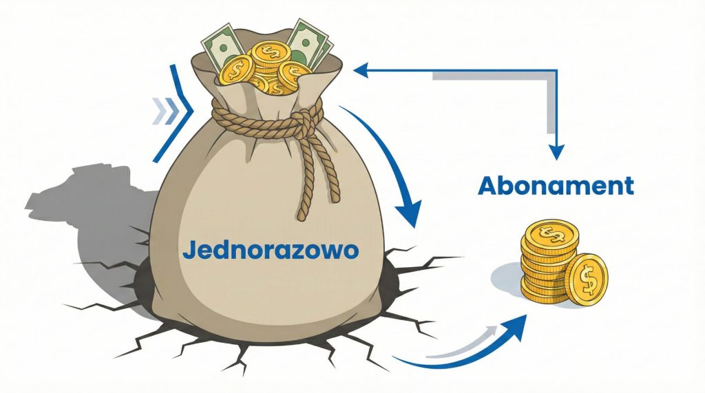 Ilustracja porównująca ogromny, jednorazowy koszt wdrożenia strony z niewielkimi, regularnymi opłatami abonamentowymi.