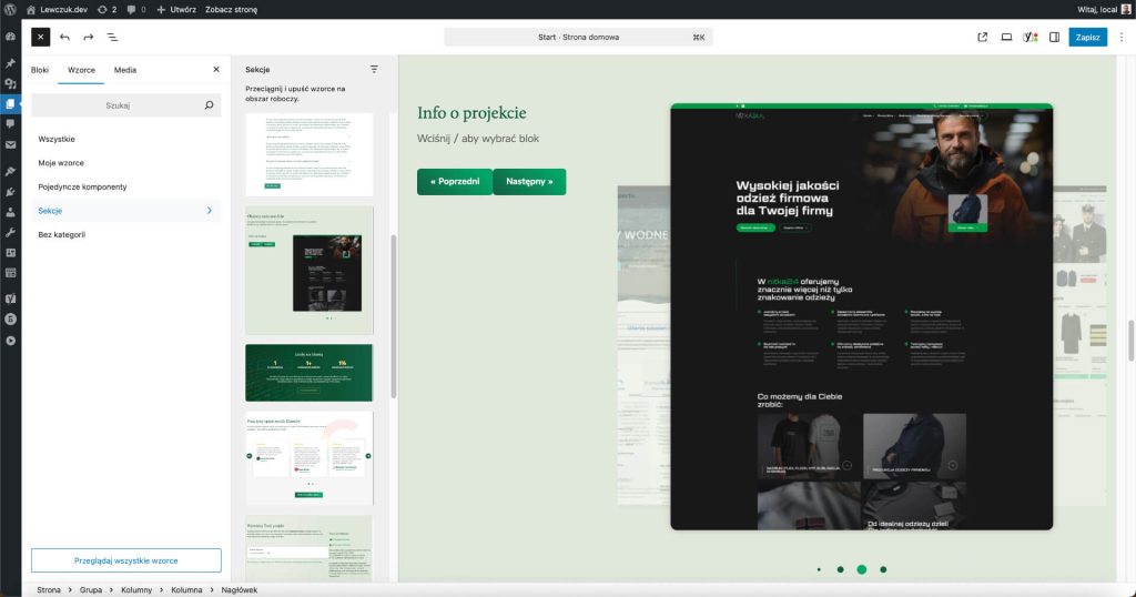 Biblioteka wzorców w WordPress FSE, umożliwiająca szybką rozbudowę serwisu o nowe sekcje.