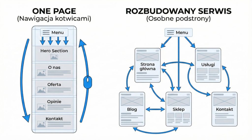 Schemat porównujący nawigację na stronie typu One Page (kotwice) i w rozbudowanym serwisie (osobne podstrony).