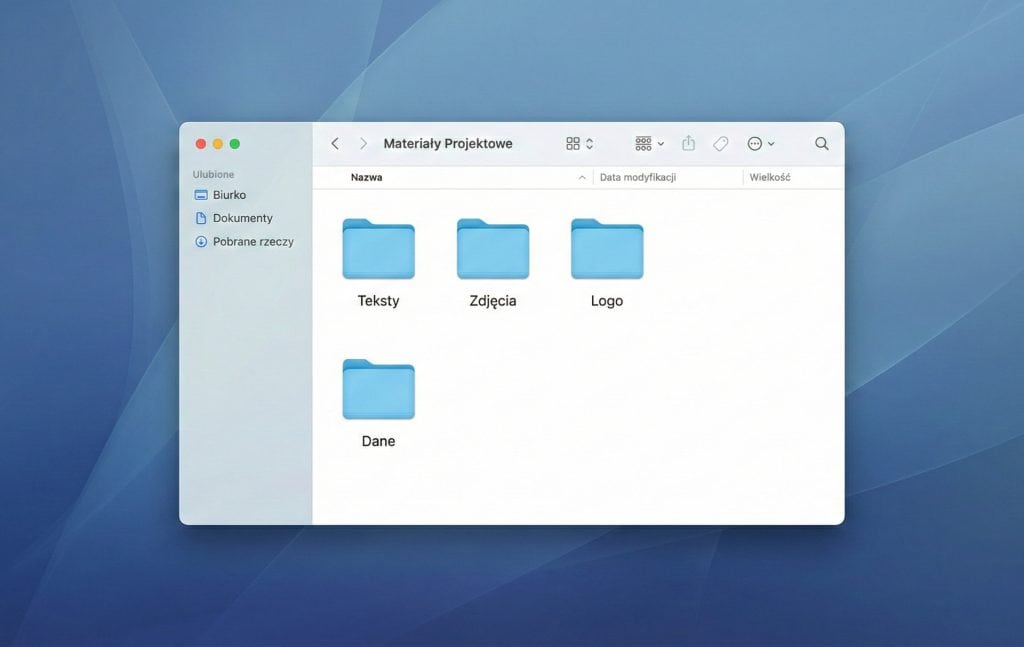 Zrzut ekranu z menedżera plików na komputerze, pokazujący czystą strukturę folderów z materiałami dla wykonawcy strony: teksty, zdjęcia, logo i dane.