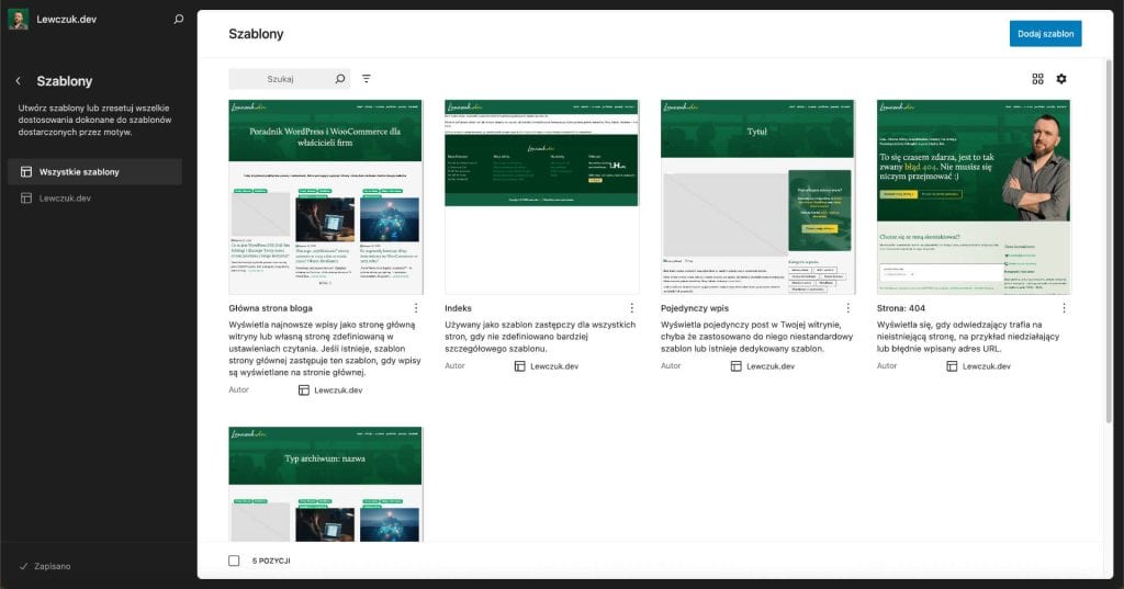 Widok listy dostępnych szablonów stron w edytorze witryny WordPress FSE (Full Site Editing)