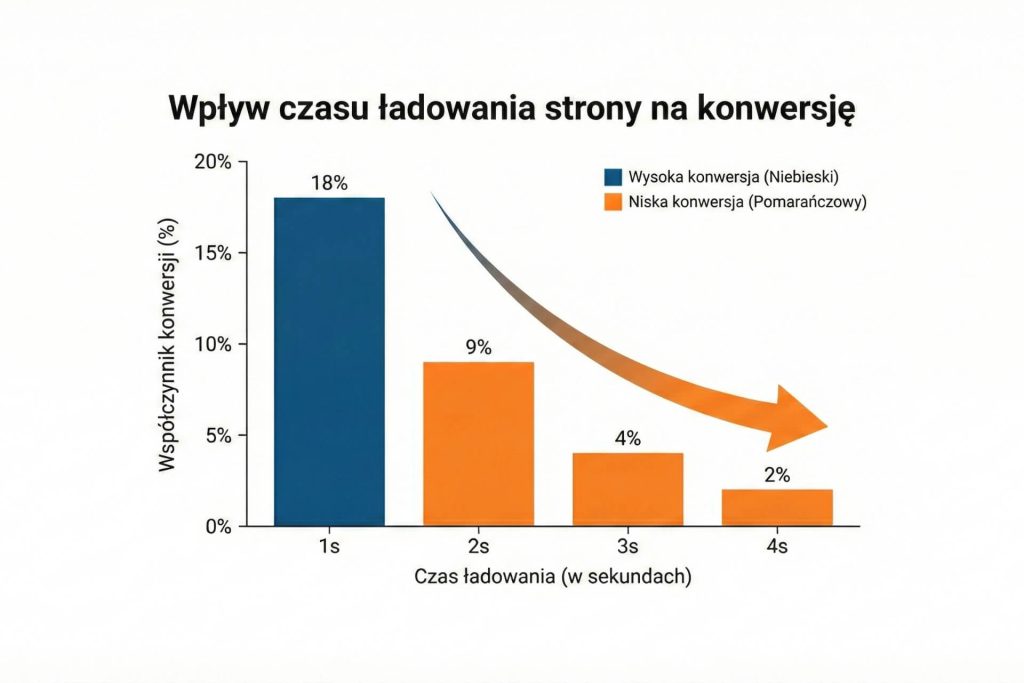 Wykres słupkowy pokazujący drastyczny spadek konwersji wraz z każdą kolejną sekundą ładowania strony internetowej.