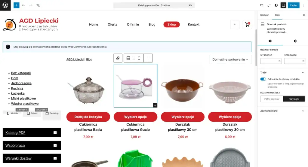 Panel edycji Full Site Editing (FSE) w WordPress WooCommerce - edycja wizualna bez kodu