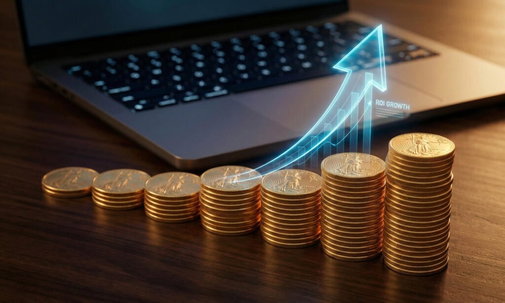 Rosnące stosy monet z cyfrową strzałką wzrostu, symbolizujące wysoki zwrot z inwestycji (ROI) w stronę www.