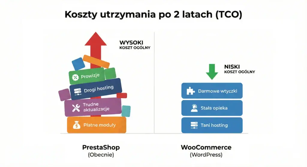 Wykres porównujący koszty utrzymania sklepu PrestaShop i WooCommerce.