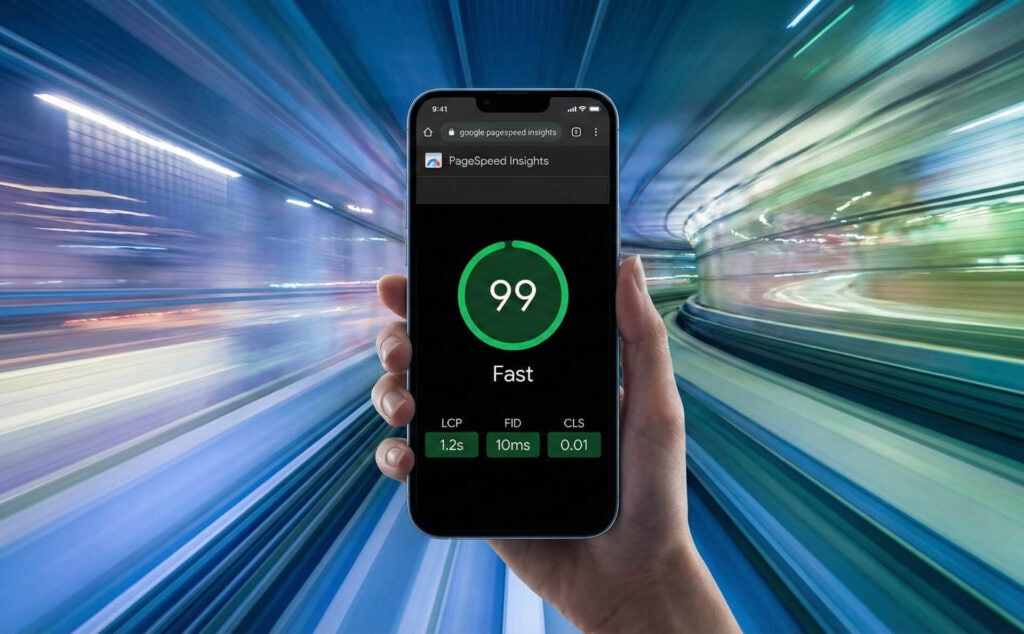 Smartfon pokazujący wysoki wynik szybkości strony w Google PageSpeed Insights.