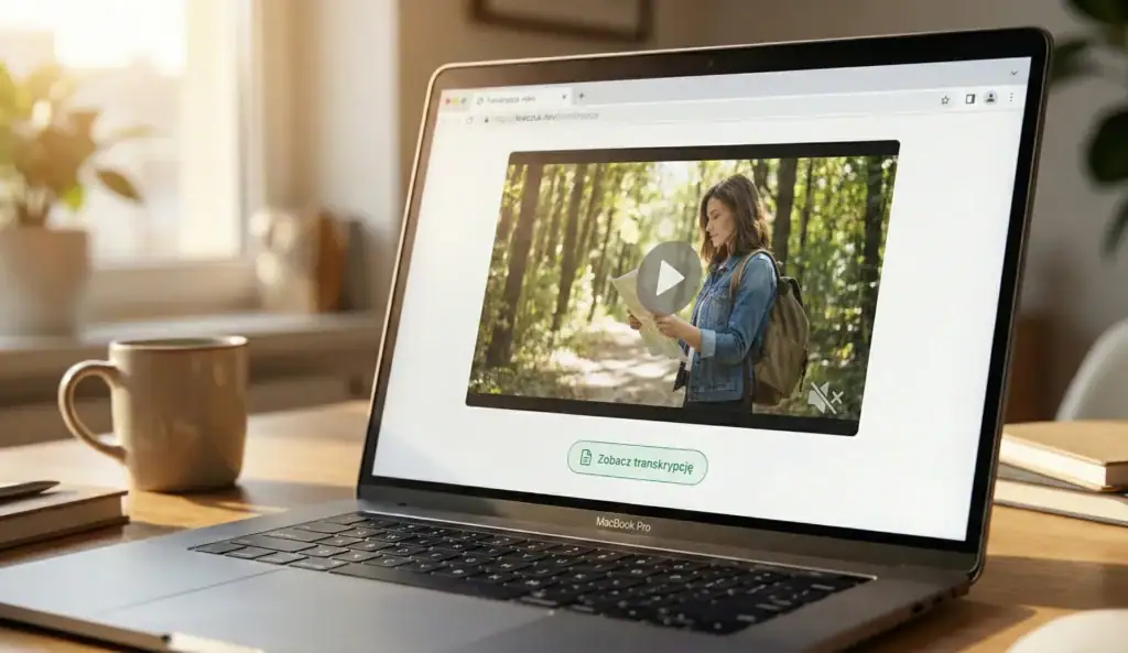 Ekran laptopa z wyciszonym wideo i widoczną opcją włączenia transkrypcji tekstowej