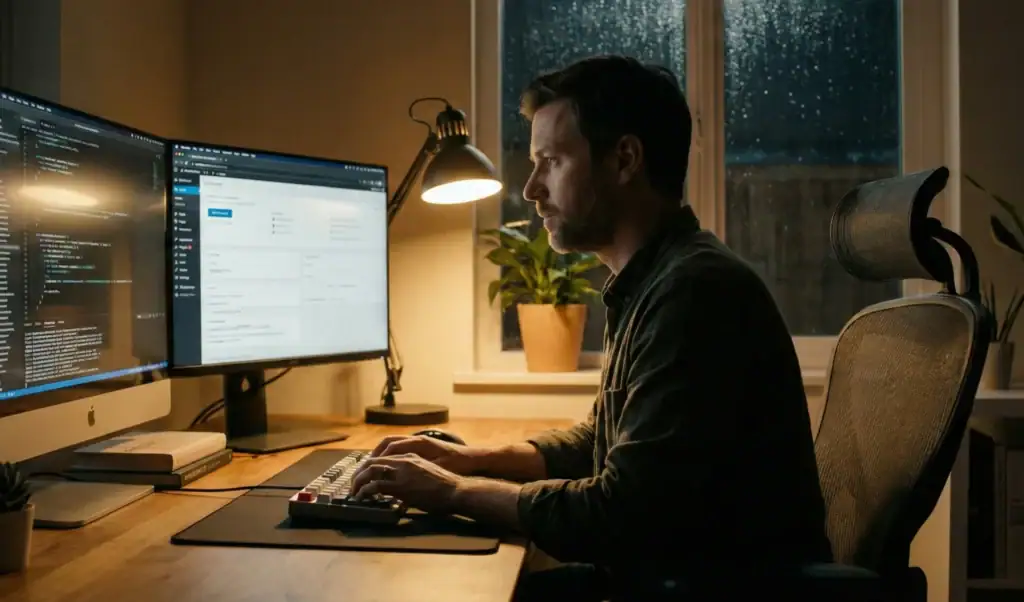 Skupiony ekspert WordPress pracujący w nocy przy profesjonalnym stanowisku wielomonitorowym
