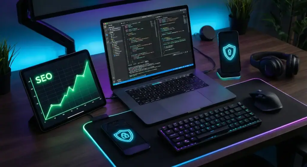 Zestaw ekranów pokazujący kodowanie, analitykę SEO i bezpieczeństwo systemu