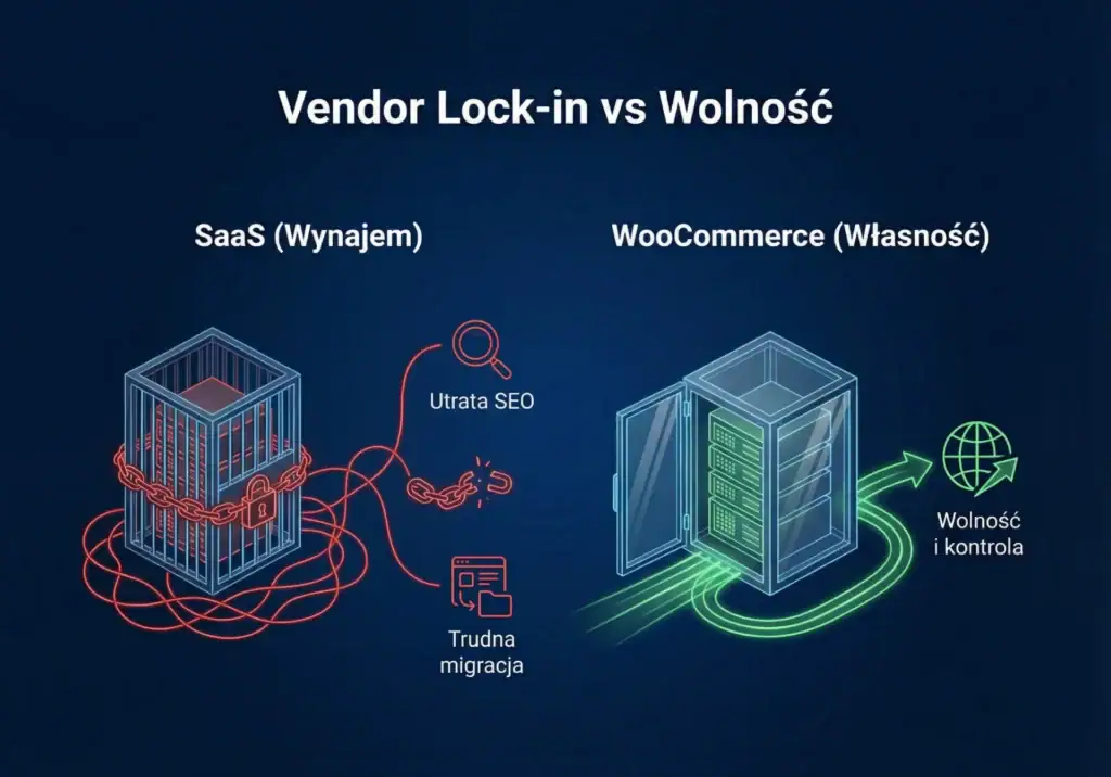 Infografika porównująca vendor lock-in w SaaS (trudna migracja, utrata SEO) z wolnością i łatwą zmianą hostingu w WooCommerce.