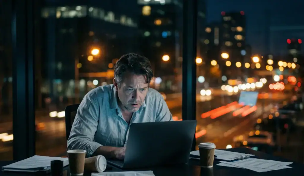 Przedsiębiorca analizujący koszty faktury na laptopie w biurze