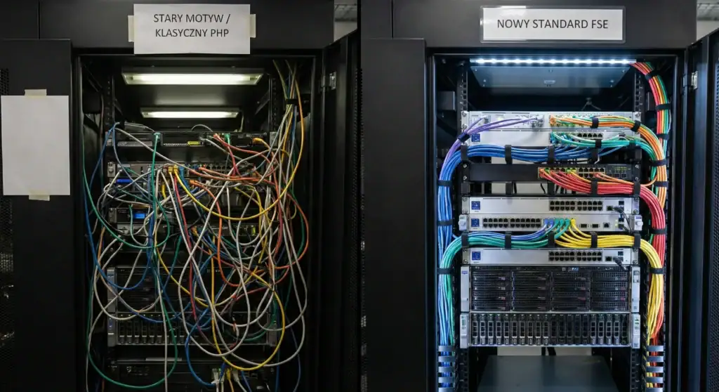 Migracja na motyw FSE - porównanie bałaganu w starym kodzie z porządkiem w nowym standardzie.