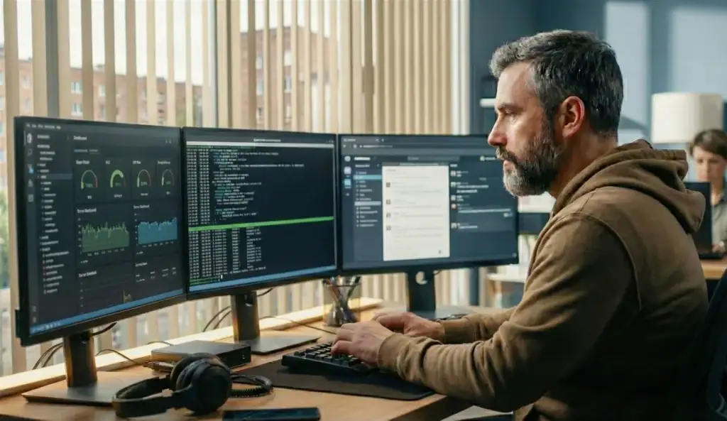 Administrator serwera pracujący przy wielu monitorach