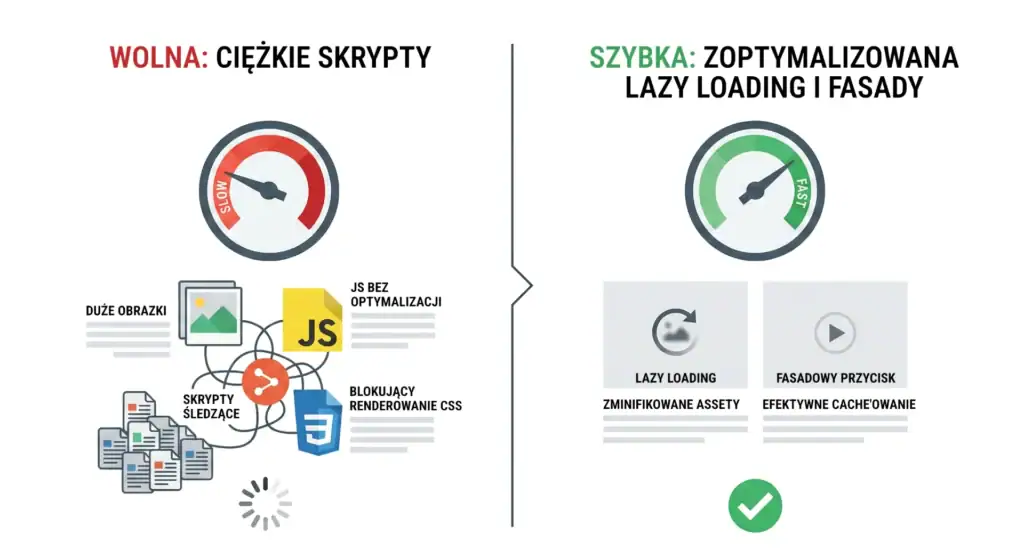 Porównanie wydajności strony z wideo bez optymalizacji oraz z zastosowaniem techniki lazy loading i fasad