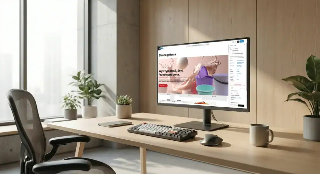 Nowoczesny interfejs edytora blokowego WordPress FSE na profesjonalnym stanowisku pracy.