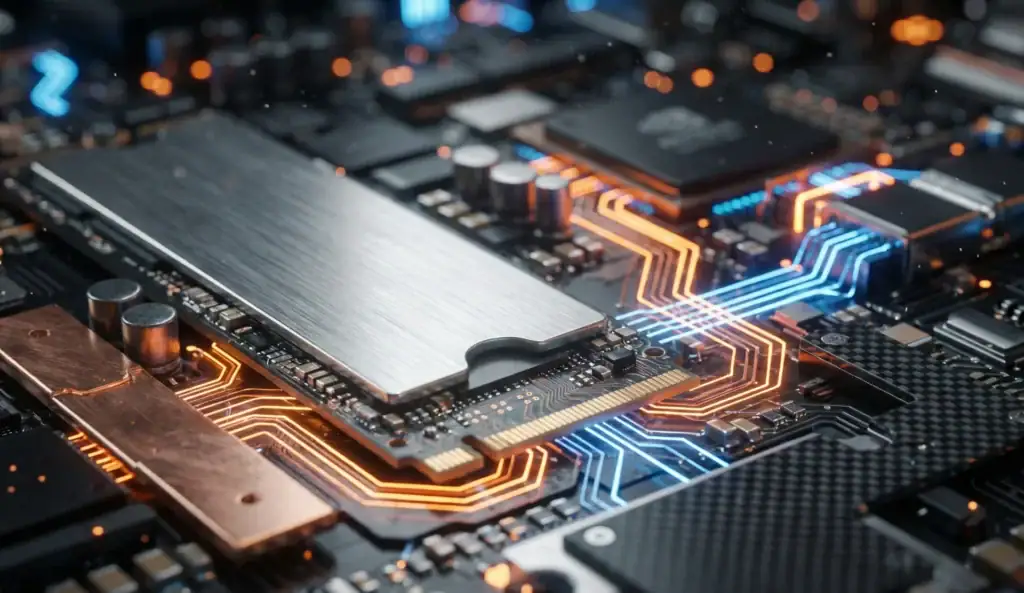 Zbliżenie na szybki dysk NVMe i procesor serwerowy