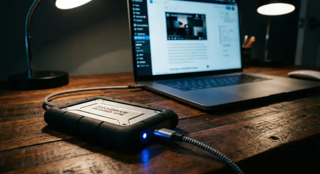 Fizyczny dysk SSD podłączony do laptopa z otwartym edytorem WordPress, symbolizujący bezpieczne przechowywanie własnych treści
